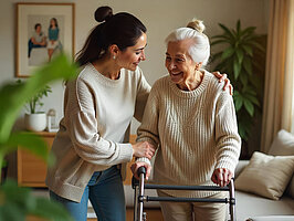 A joyful moment between a senior woman and her caregiver in a cozy living room during the afternoon, both smiling while engaging warmly with each other A joyful moment between a senior woman and her caregiver in a cozy living room during the afternoon, both smiling while engaging warmly with each other