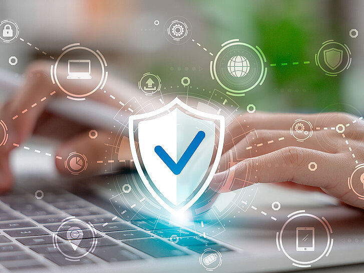 Cybersecurity concept showing secure digital network with data protection icons. User accessing internet system with privacy, encryption, and shield technology for safe online activity. Cybersecurity concept showing secure digital network with data protection icons. User accessing internet system with privacy, encryption, and shield technology for safe online activity.